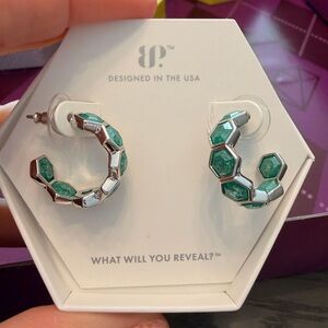 Chic Silver and Green Hexagon Earrings